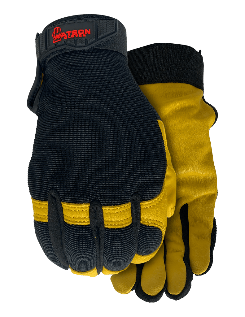 Gants de travail Watson Gloves 005, paume en cuir de chèvre, dos extensible noir, poignet auto-agrippant