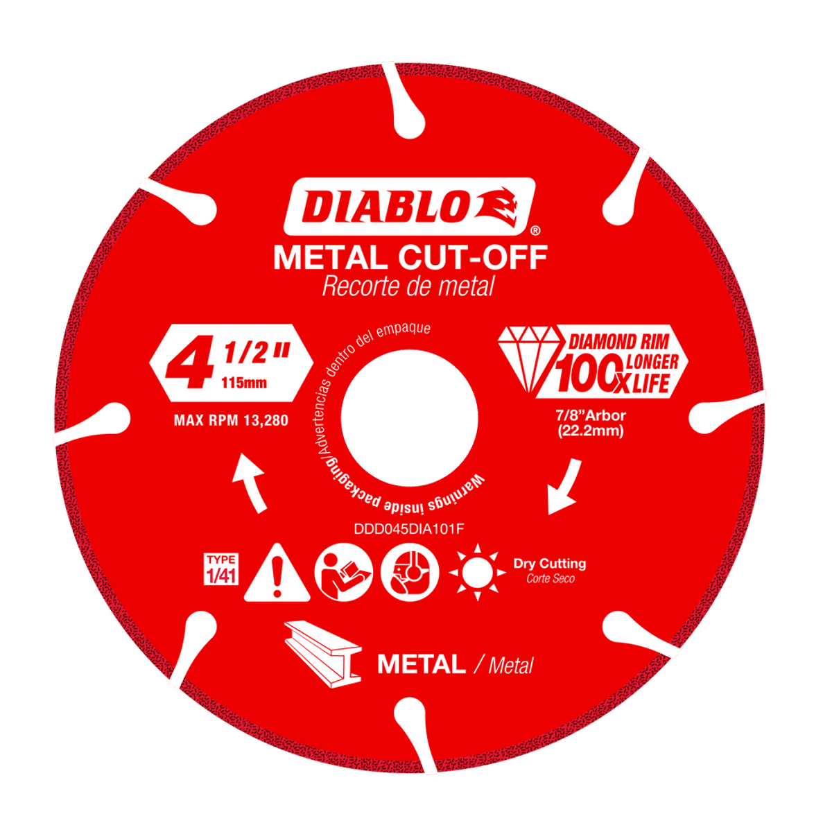 Disque à tronçonner à jante diamantée Diablo CDD045DIA101F type 1 pour métal, 115 mm (4-1/2 po), alésage de 22,2 mm (7/8 po)