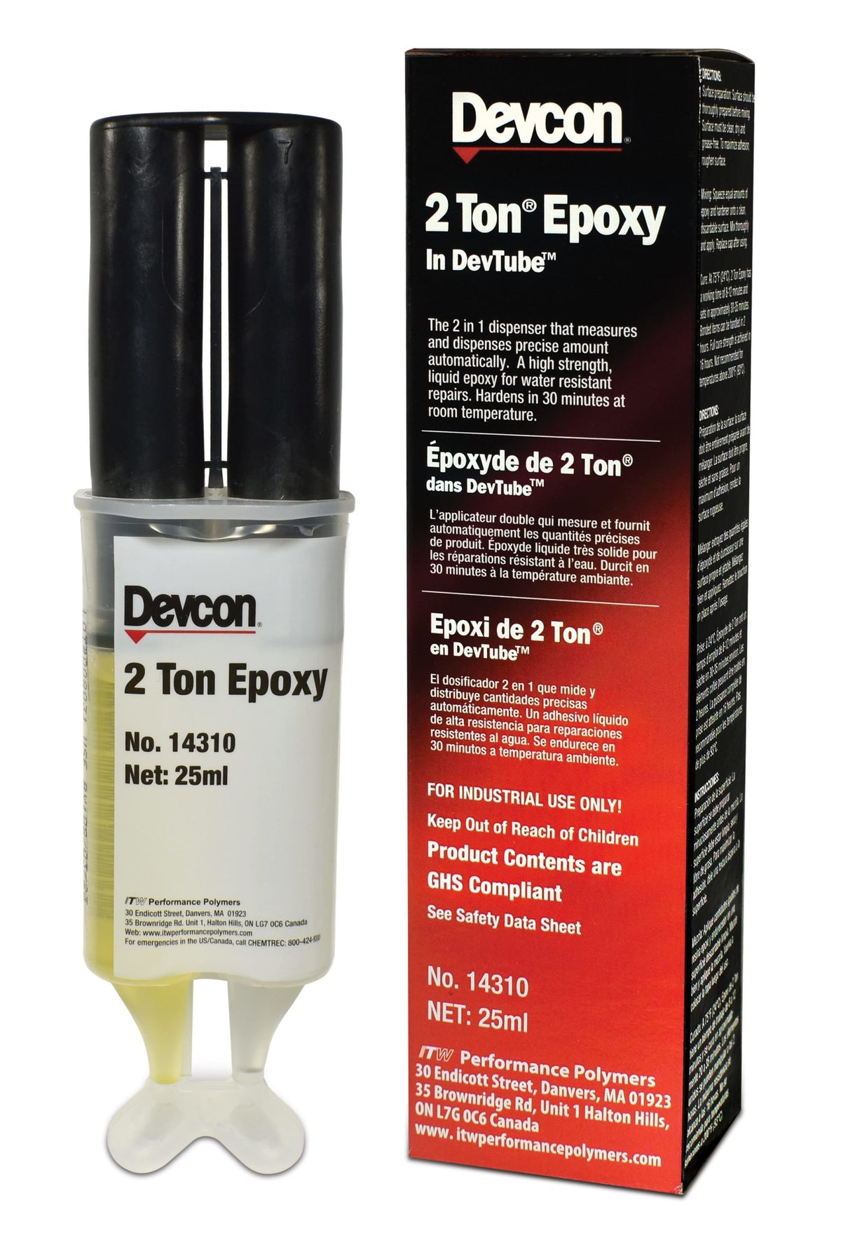 Époxyde Devcon 2 Ton, transparent, adhésif bicomposant 1:1 à durcissement moyen, Dev-Tube de 25 mL