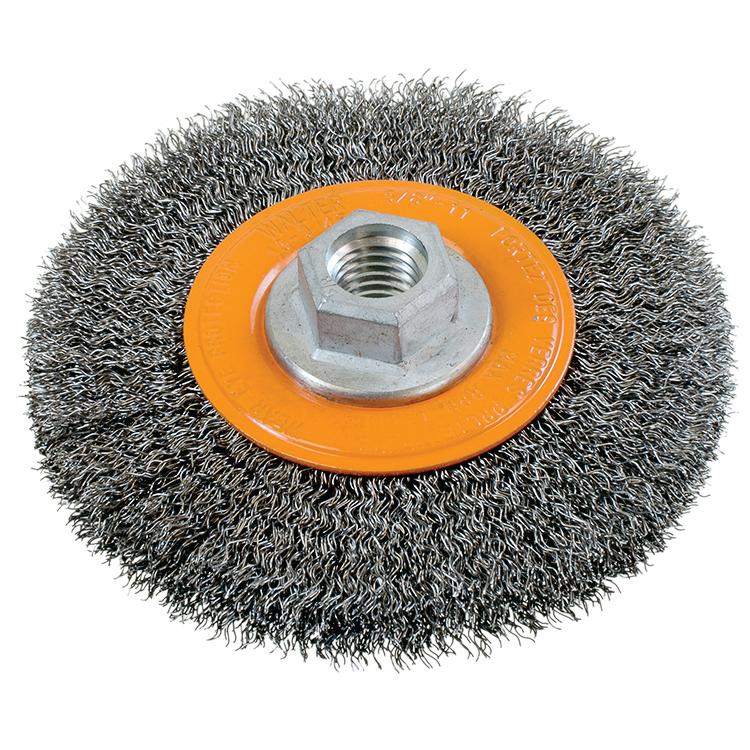Brosse circulaire métallique à fils ondulés Walter 13-J454, 4-1/2 po, acier au carbone, largeur 5/8 po, filetage 5/8-11