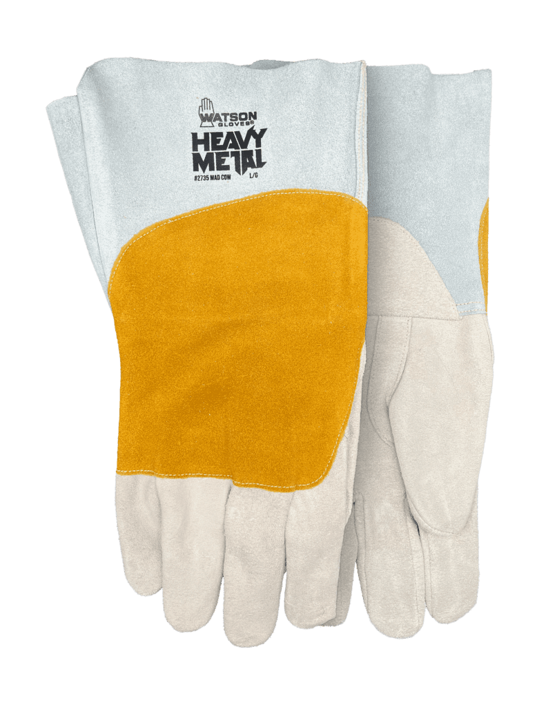 Gants de soudage MIG Watson 2735 en cuir de vache à grain inversé avec pièce dorsale, gris et or, la paire