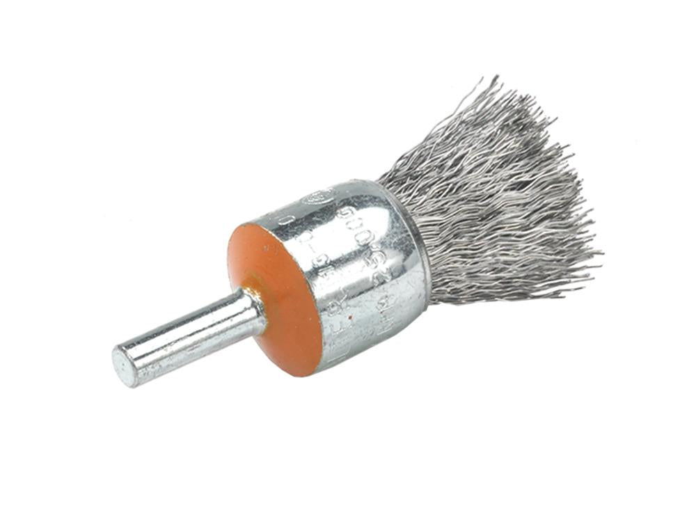 Brosse montée à bout Walter 13C058, fil ondulé en acier inoxydable, diamètre 3/4 po, fil 0,014 po, queue 1/4 po
