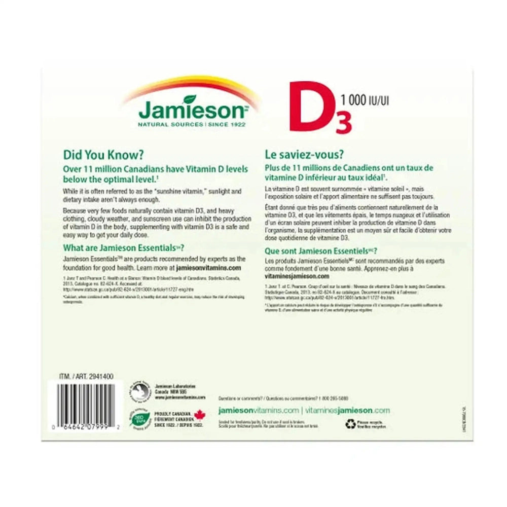 Jamieson Vitamine D3 1000 UI – 375 Comprimés – Os, Immunité & Vitalité