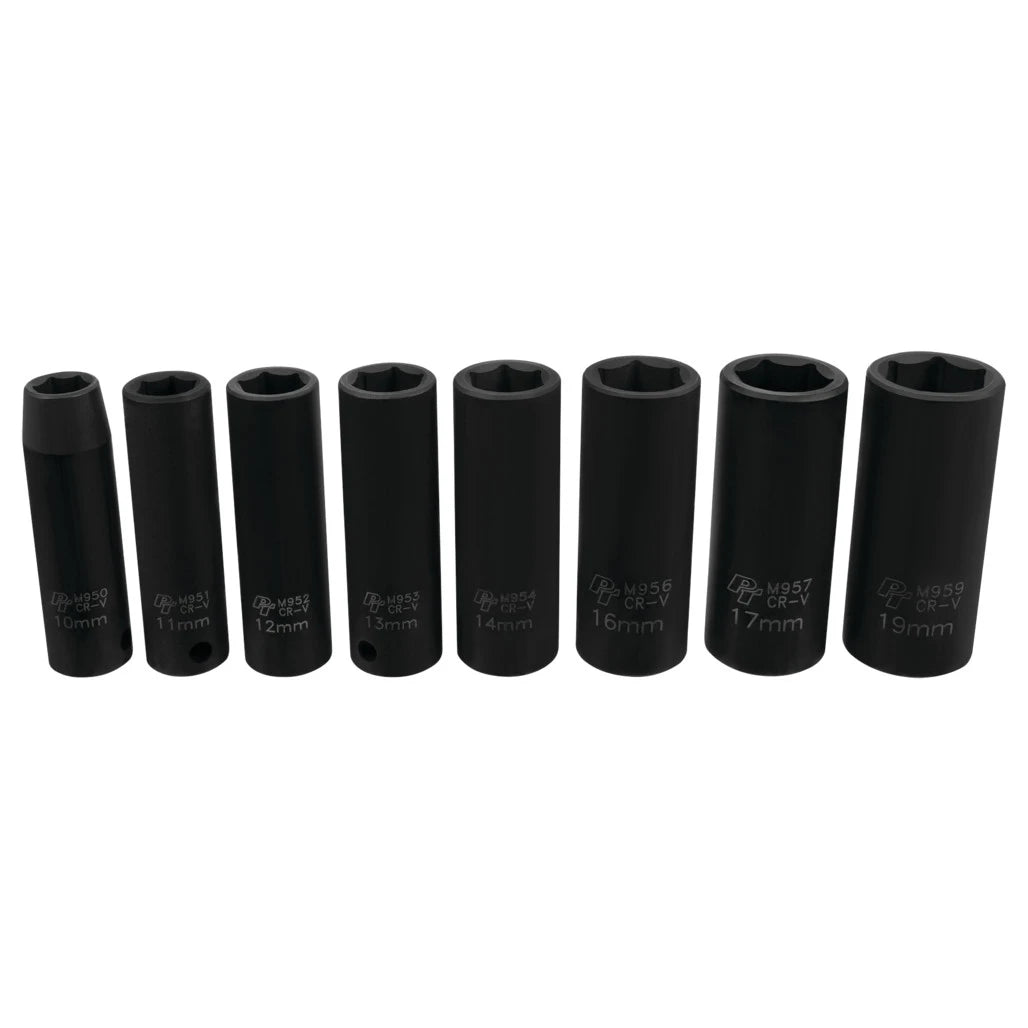 Jeu de 8 douilles longues à choc métriques Performance Tool M595DB, 8 pièces, carré 3/8 po