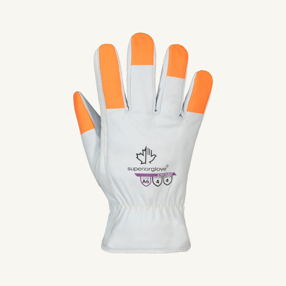 Gants en cuir Superior Glove 378GTAXOT, cuir blanc avec bouts de doigts orange, coupure A6 selon le fabricant