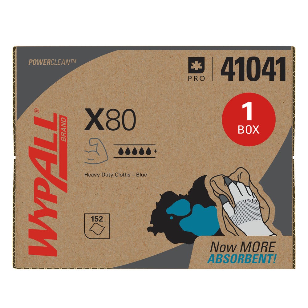 Chiffons de nettoyage robustes WypAll PowerClean X80, bleus, Brag Box, 28,2 x 42,7 cm (11,1 x 16,8 po), article 41041