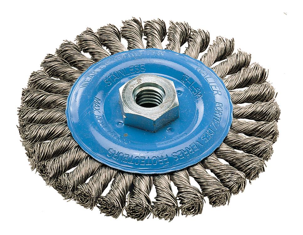 Brosse circulaire métallique large à fils torsadés en nœuds Walter 13-L514, 5 po, acier inoxydable, largeur 3/8 po, filetage 5/8-11
