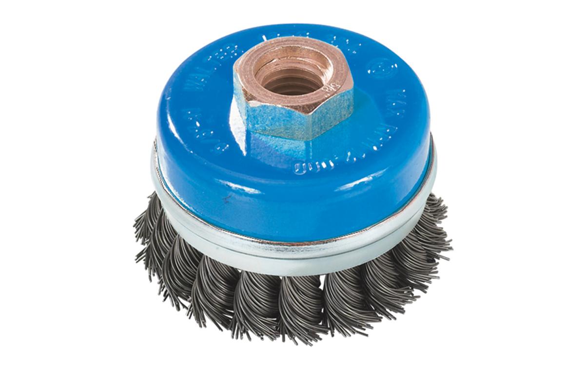 Brosse boisseau à fils Walter 13G314, diamètre 3 po, 5/8 po-11, fils inoxydables noués 0,020 po, avec anneau