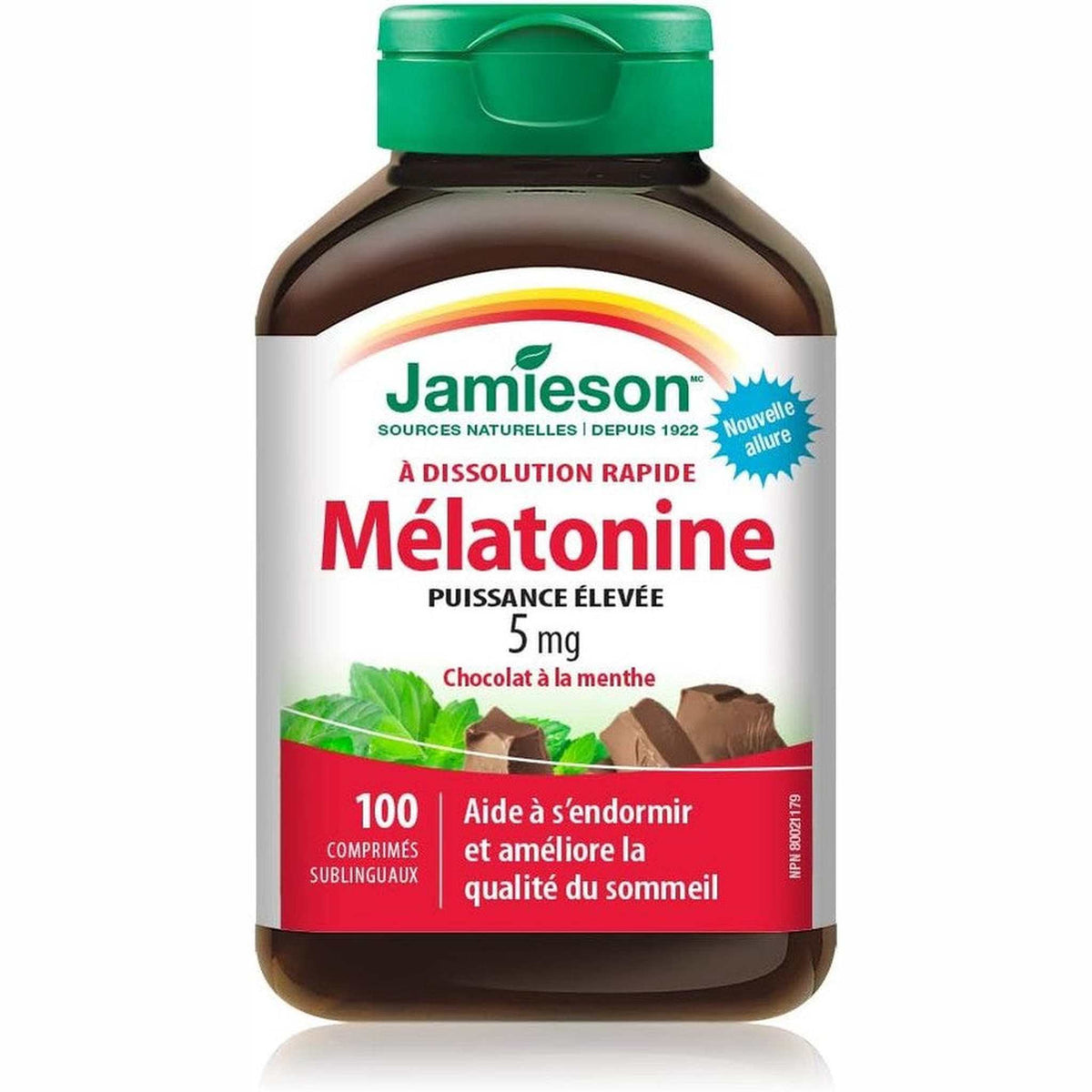 Jamieson Mélatonine 5mg Extra Forte – Menthe Chocolat – 100 Comprimés à Dissolution Rapide