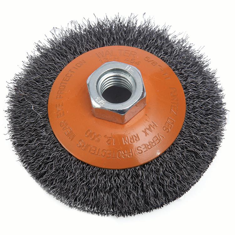 Brosse soucoupe métallique à fils ondulés Walter 13-H454, 4 po, acier au carbone, filetage 5/8-11
