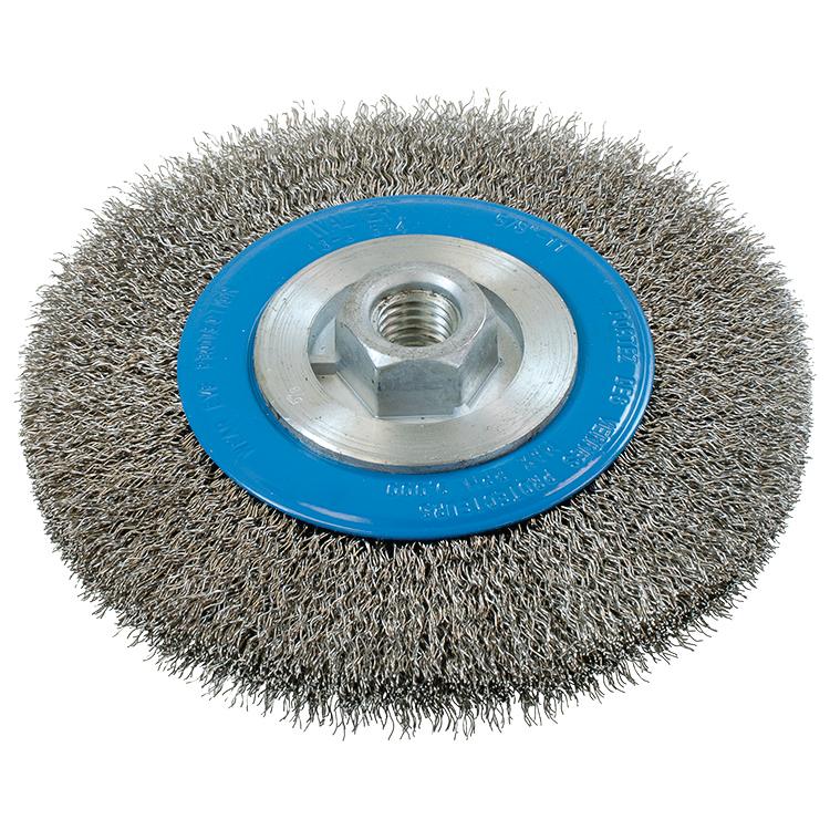 Brosse circulaire métallique à fils ondulés Walter 13-J614, 6 po, acier inoxydable, largeur 5/8 po, filetage 5/8-11