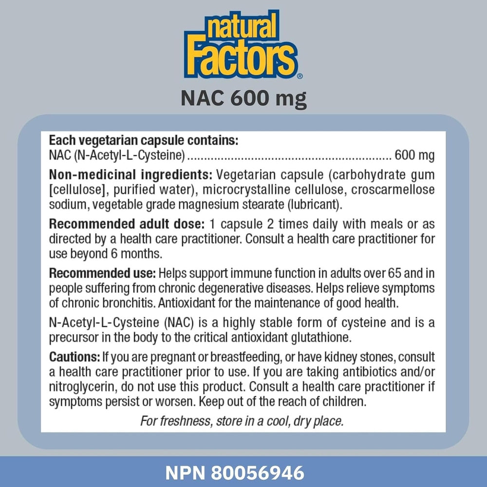 Natural Factors NAC N-Acetyl-L-Cysteine 600mg – 180 Vegetarian Capsules