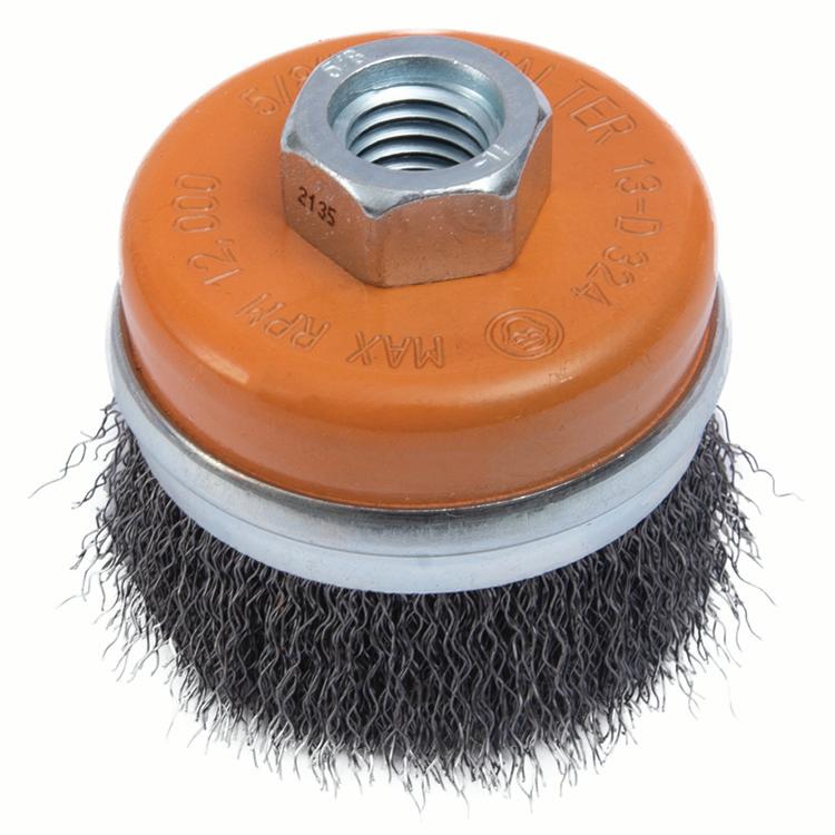 Brosse boisseau Walter 13-D324, diamètre 3 po, fil ondulé avec anneau, acier au carbone, arbre 5/8-11