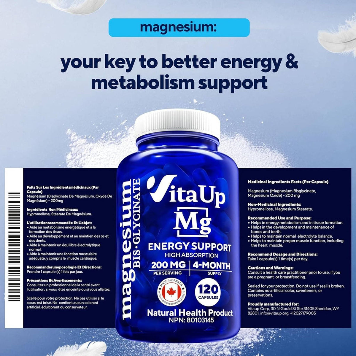 VitaUp Bisglycinate de Magnésium 200mg – 120 Gélules Végétaliennes