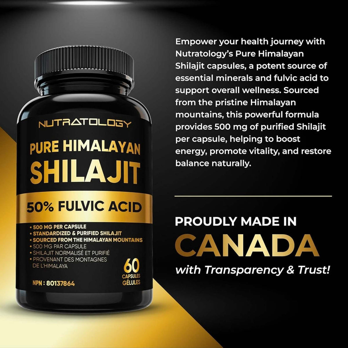 Nutratology® Pure Shilajit Himalayen 500mg – 50% Acide Fulvique – 60 Capsules