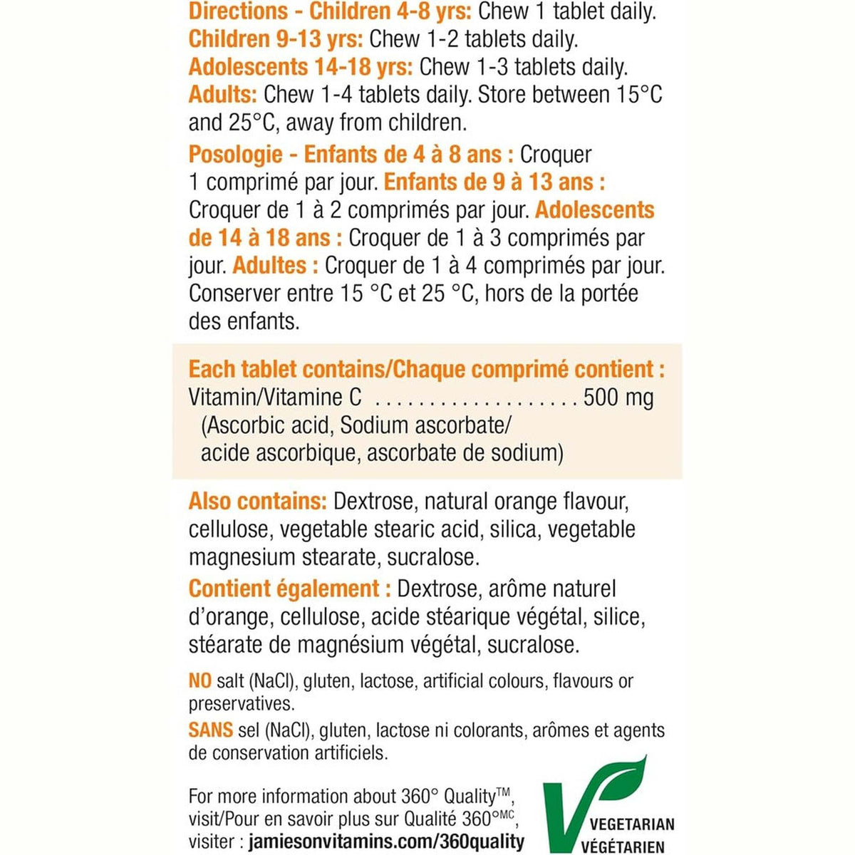 Jamieson Vitamine C à Mâcher 500mg – 120 Comprimés – Immunité & Antioxydant