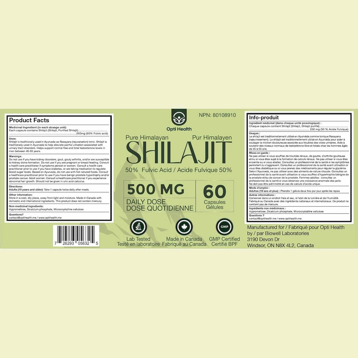 Opti Health Shilajit Himalayen Pur 500mg – 50% Acide Fulvique – 60 Capsules