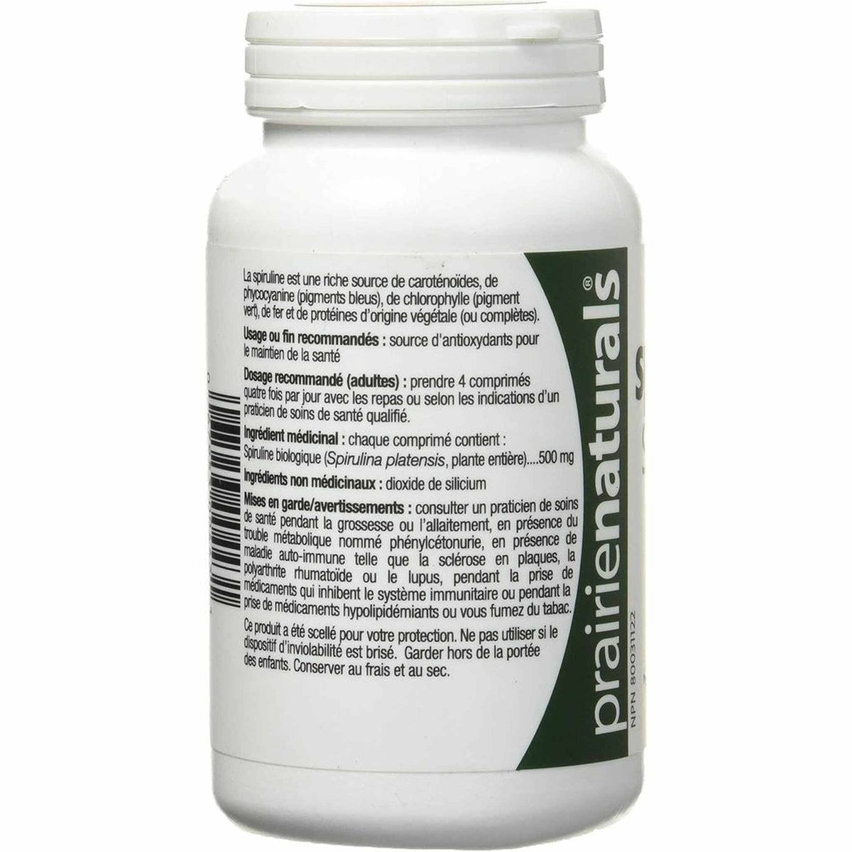 Prairie Naturals Spiruline Bio – Algues Bleues-Vertes – 360 Comprimés