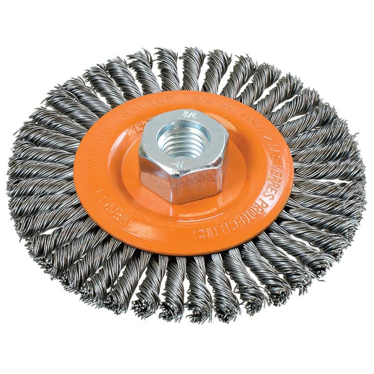 Brosse circulaire métallique stringer bead Walter 13-K454, 4-1/2 po, acier au carbone, largeur 3/16 po, filetage 5/8-11