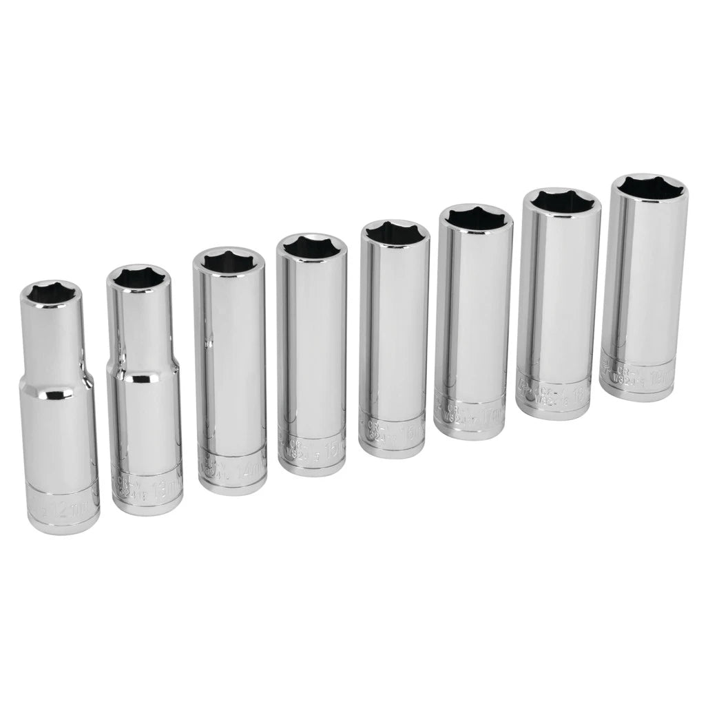 Jeu de 8 douilles longues métriques Performance Tool W32400, 8 pièces, carré 1/2 po