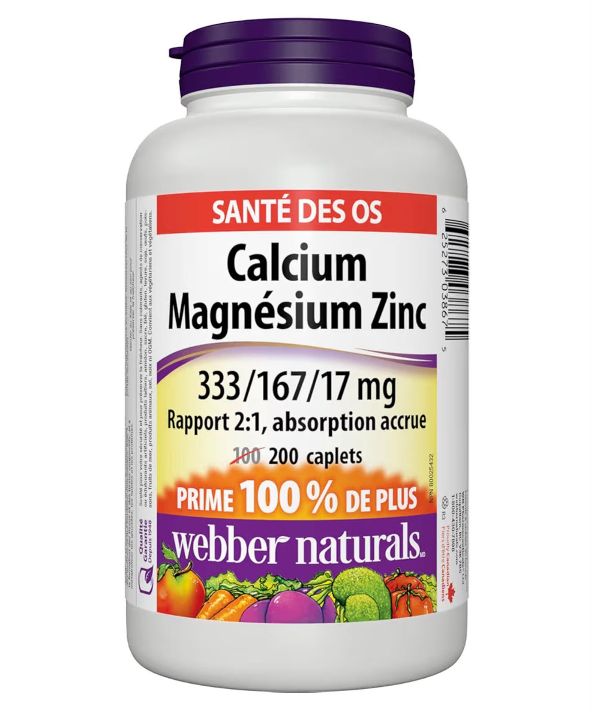 Webber Naturals Calcium Magnésium Zinc 333/167/17 mg – 200 caplets