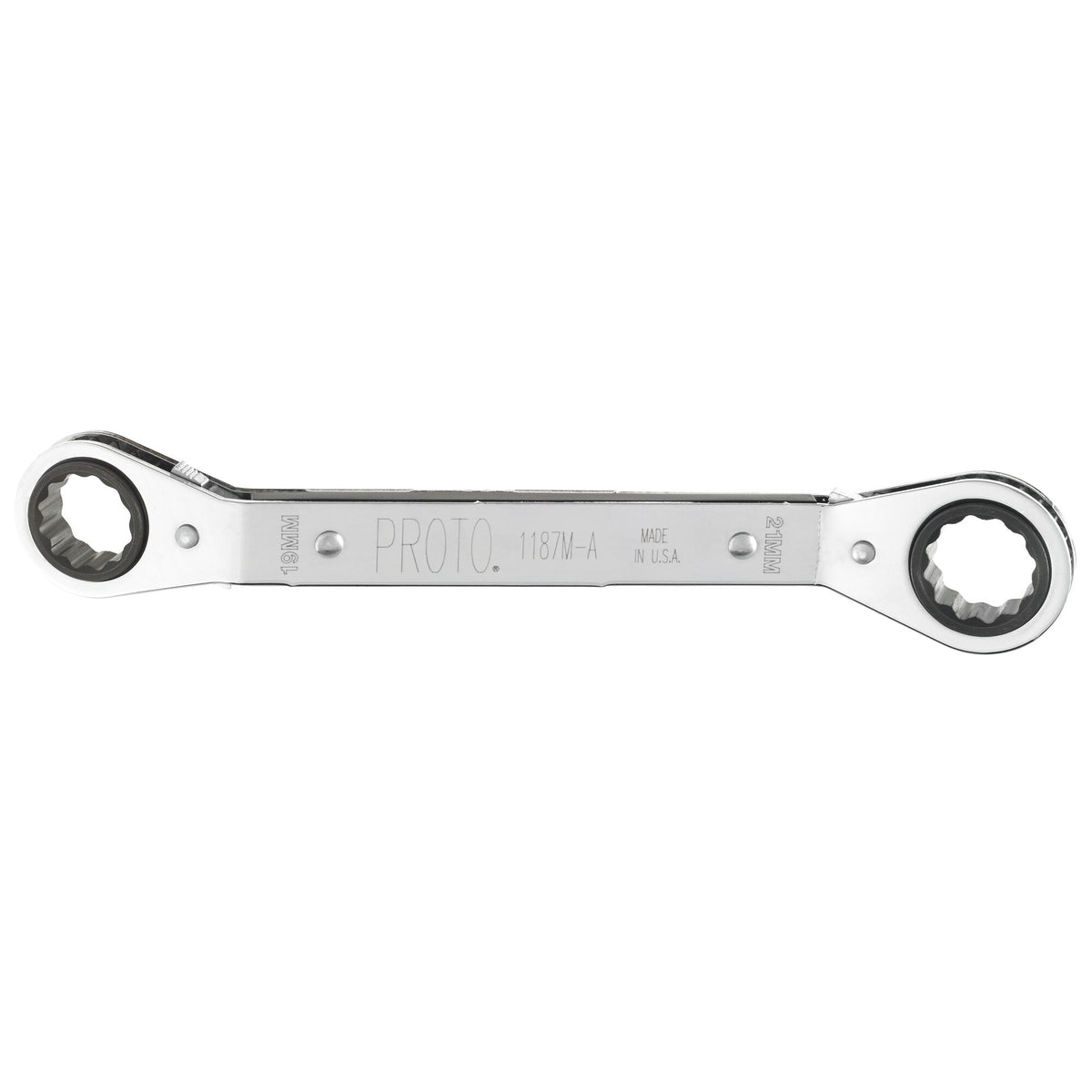Clé polygonale double à cliquet, coudée et réversible, Proto J1187M-A, 19 mm x 21 mm, 12 pans