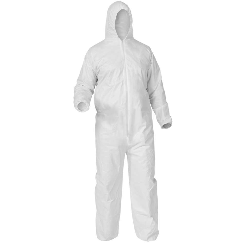 Combinaison jetable à capuchon Kimberly-Clark A35 blanche, fermeture à glissière, poignets et chevilles élastiques