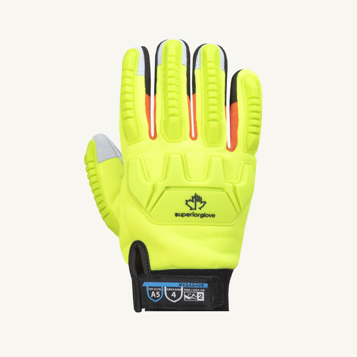 Gants style mécanicien Superior Glove MXGKGHVB, dos tricoté vert haute visibilité, paumes en peau de chèvre, renforts sur le dos de la main