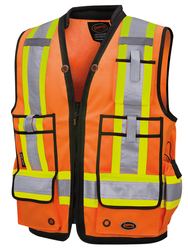 Gilet d’arpenteur 6676 en polyester Oxford 1200D renforcé de PU, orange haute visibilité, Pioneer