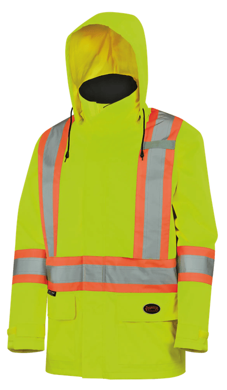 Veste de pluie légère 5596, polyester 150D enduit de PU, capuchon amovible, jaune/vert haute visibilité, Pioneer