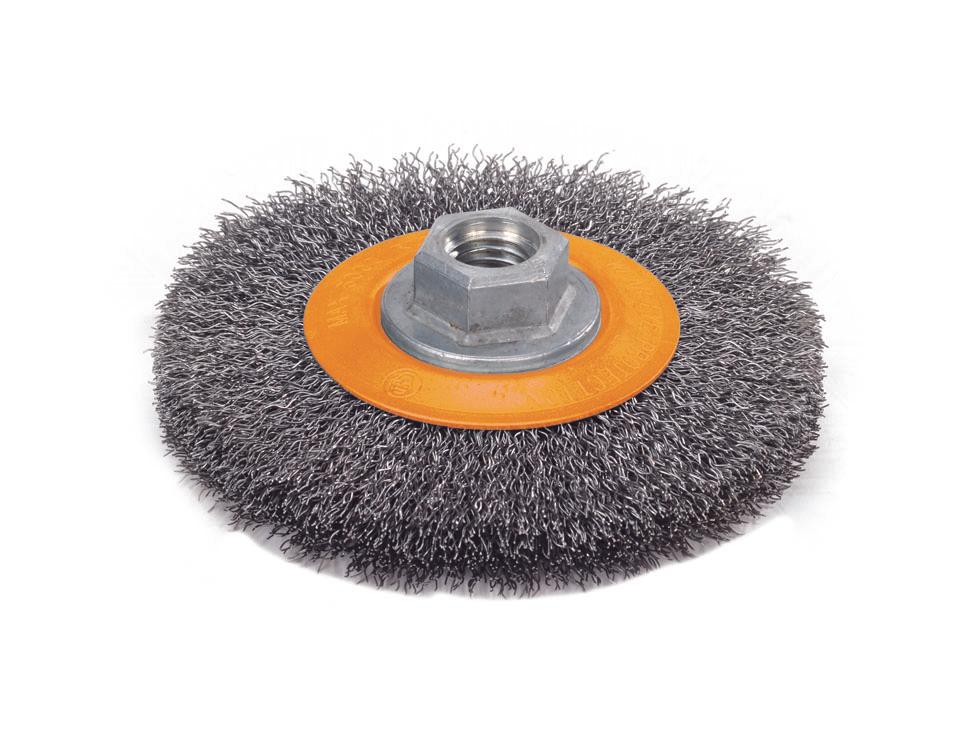Brosse circulaire à fils Walter 13J514, diamètre 5 po, 5/8 po-11, fils inoxydables ondulés 0,0118 po