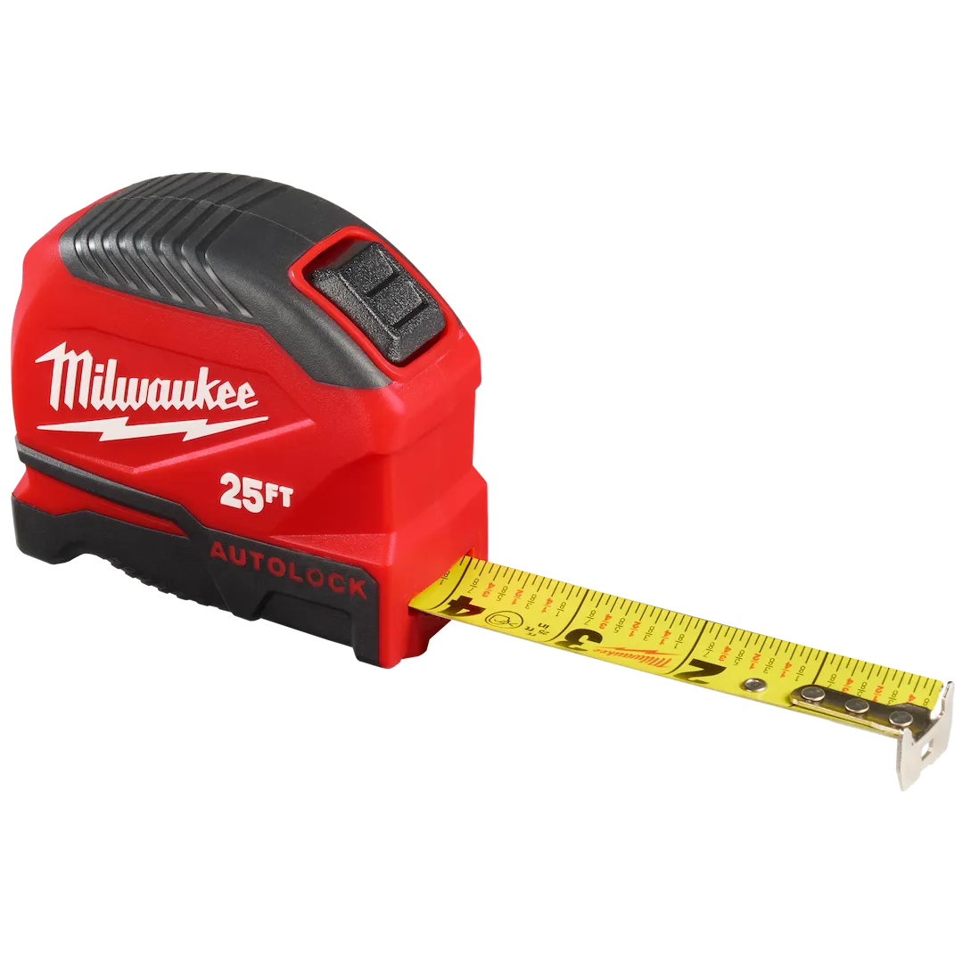 Mètre ruban Milwaukee 48-22-1825 à blocage automatique de 25 pi (7,6 m), lame de 25 mm, graduation fractionnaire