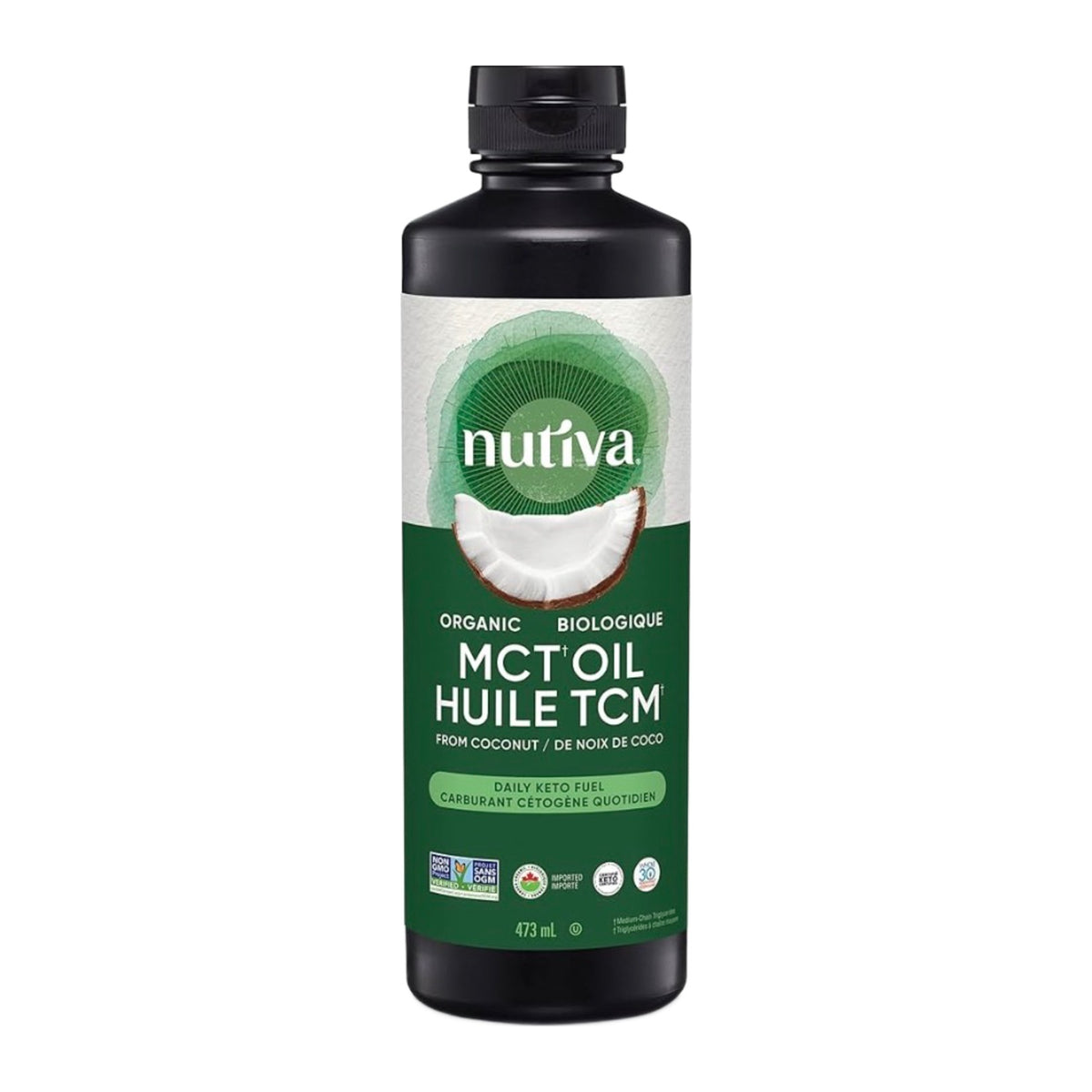 Bouteille d'huile MCT Nutiva 473 ml sur fond blanc