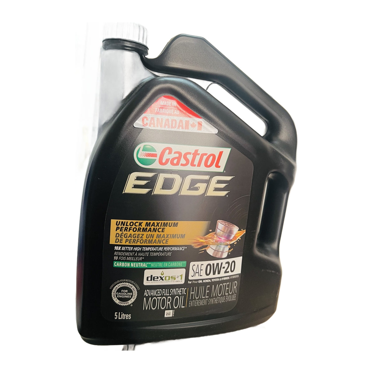 Jug of Castrol EDGE 0W-20 engine oil, 5 L, on a white background
