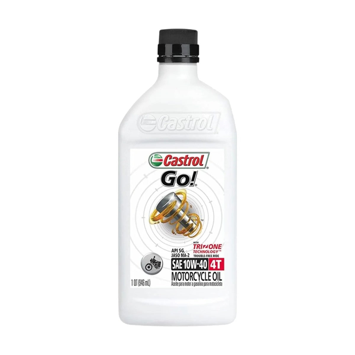Bottle of Castrol GO! 4T 10W-40 motorcycle oil, 1 L, on a white background