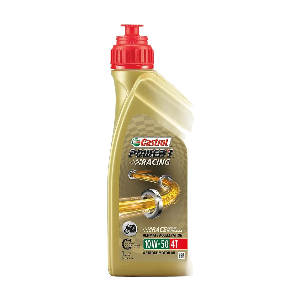 Bottle of Castrol Power1 4T 10W-50 motorcycle oil 1 L on a white background