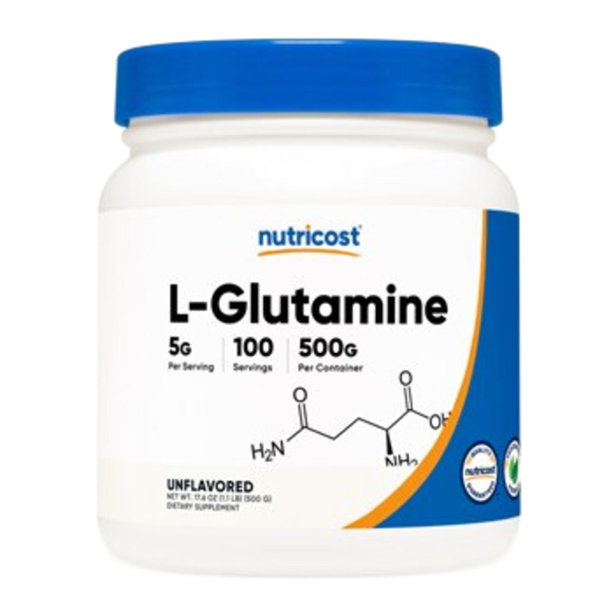 Pot de L-glutamine en poudre Nutricost 500 g sur fond blanc