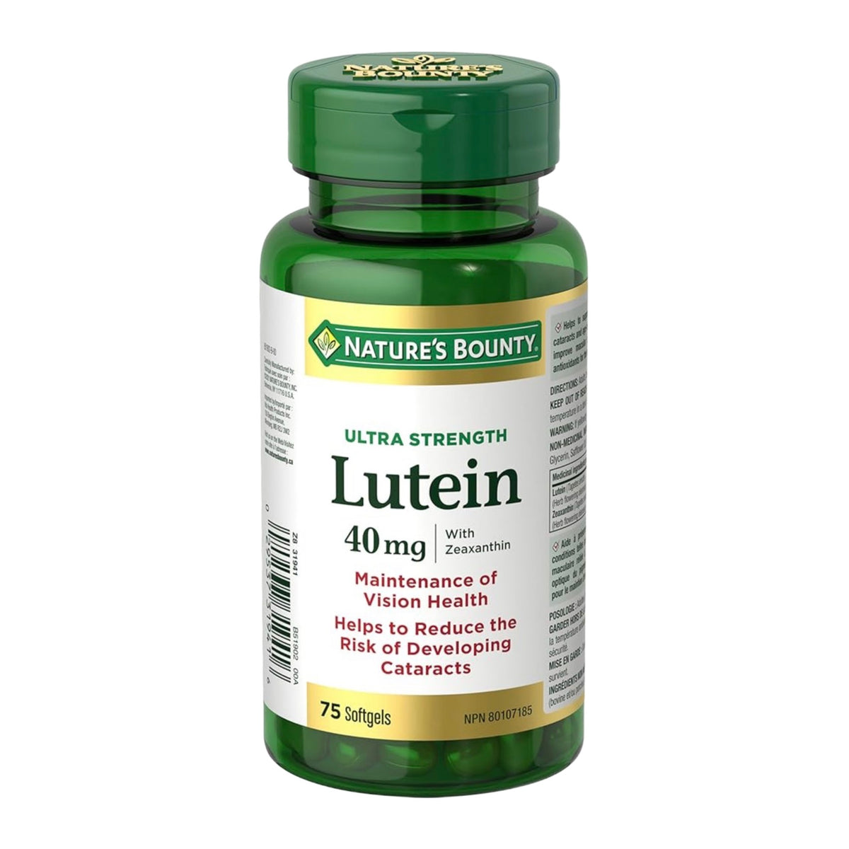 Flacon de lutéine 40 mg Nature's Bounty sur fond blanc