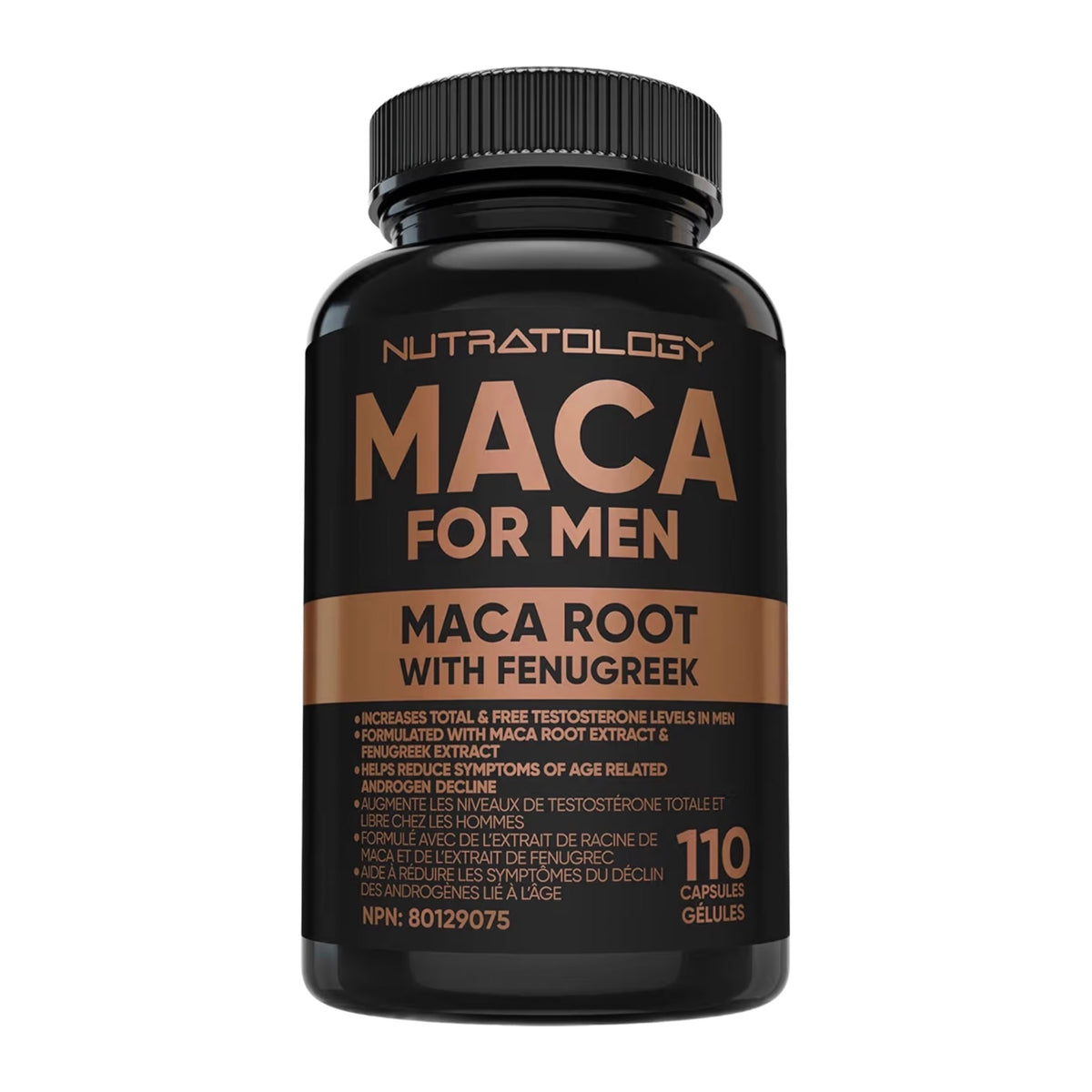 Bottle of Nutratology men's maca, 110 capsules, on a white background
