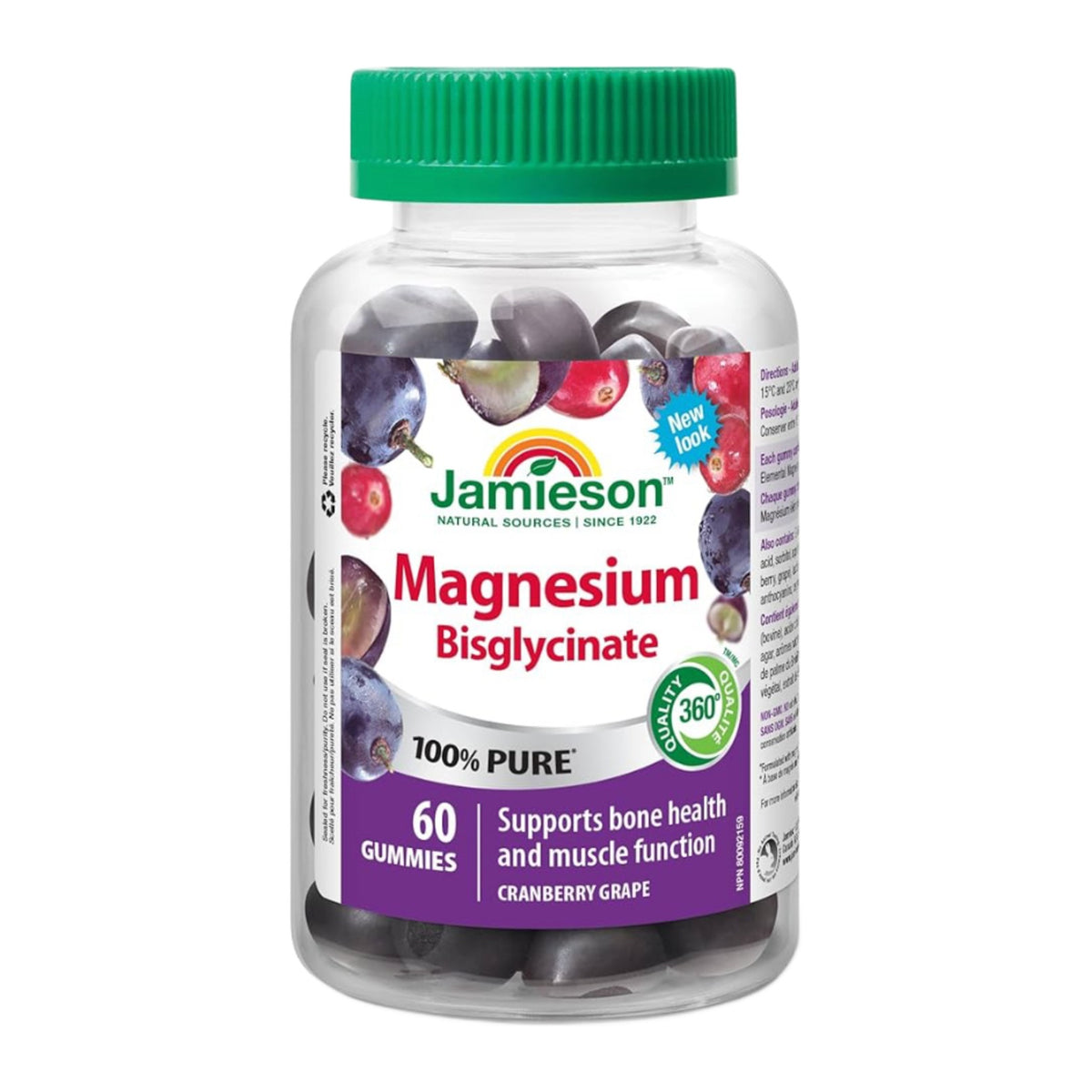 Pot de 60 gommes de magnésium bisglycinate Jamieson sur fond blanc