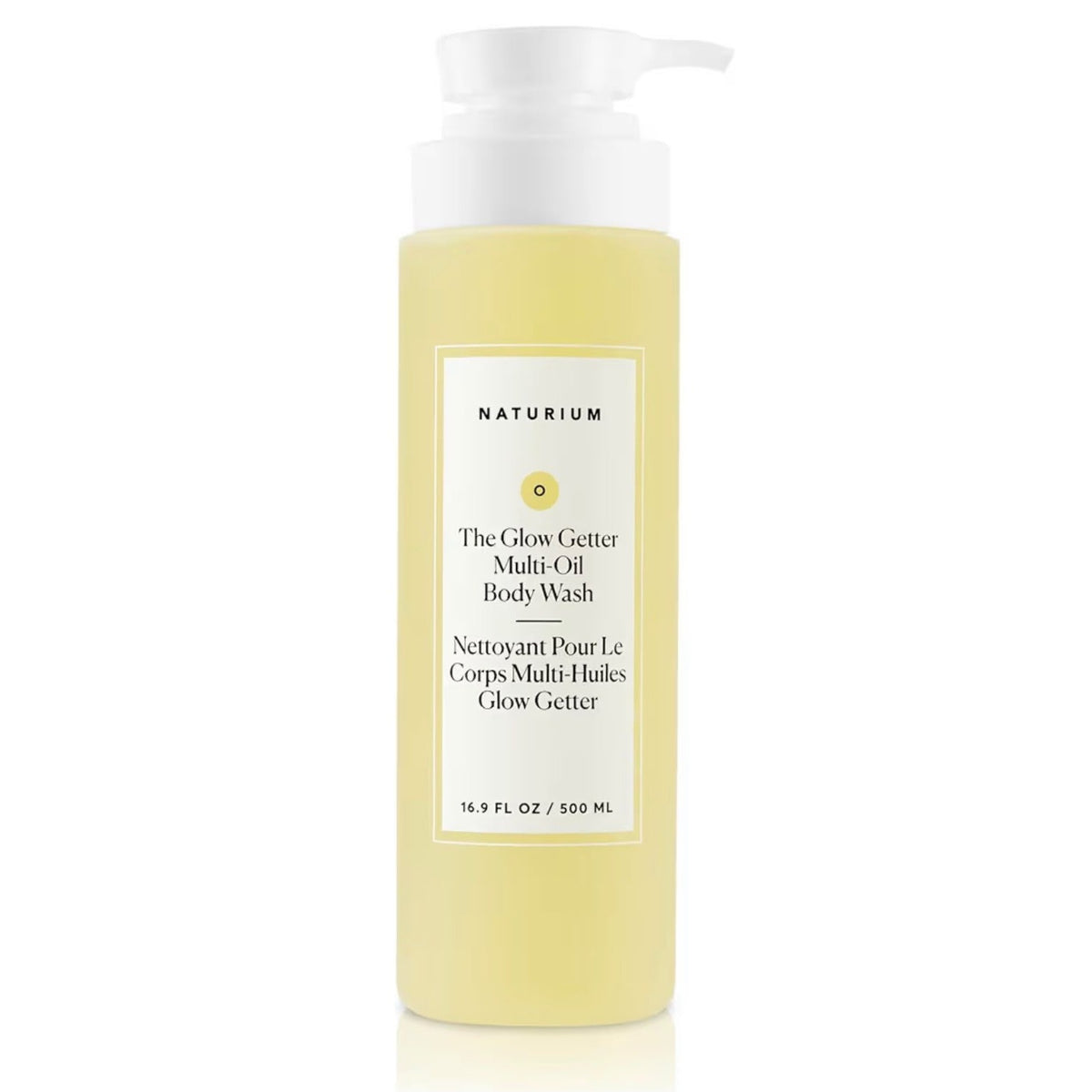 Bottle of Naturium oil body wash on a white background