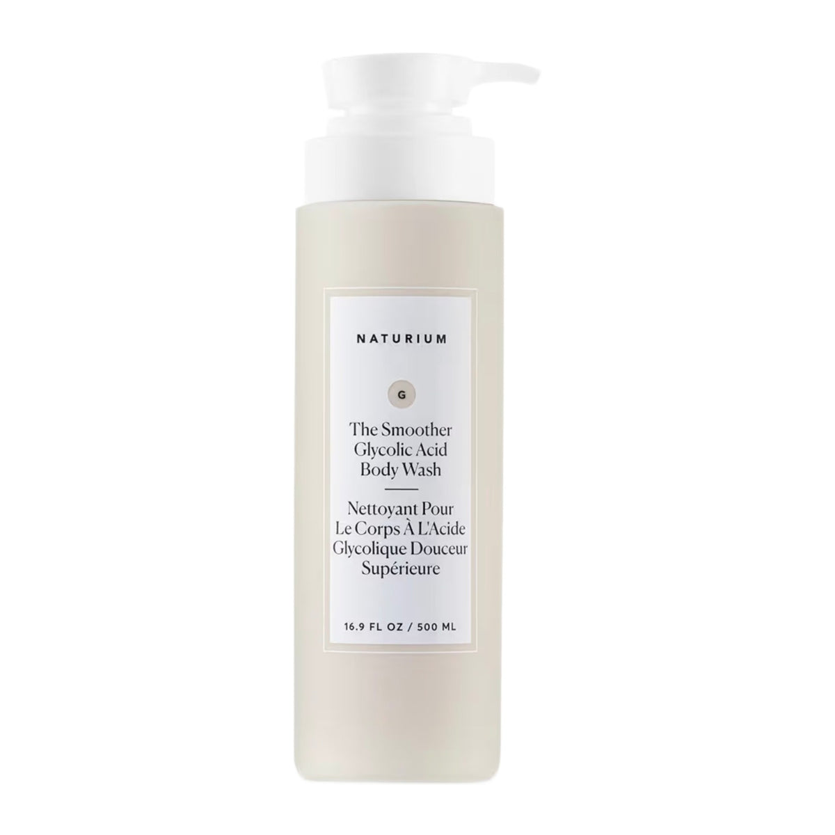 Flacon pompe de gel douche Naturium à l'acide glycolique sur fond blanc