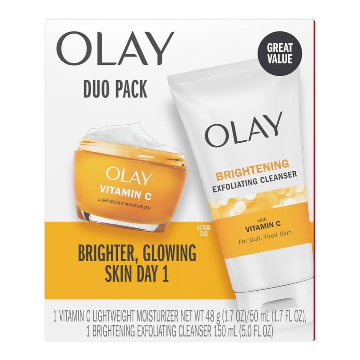 Duo Olay Vitamine C – crème visage légère 50 ml et nettoyant exfoliant 150 ml