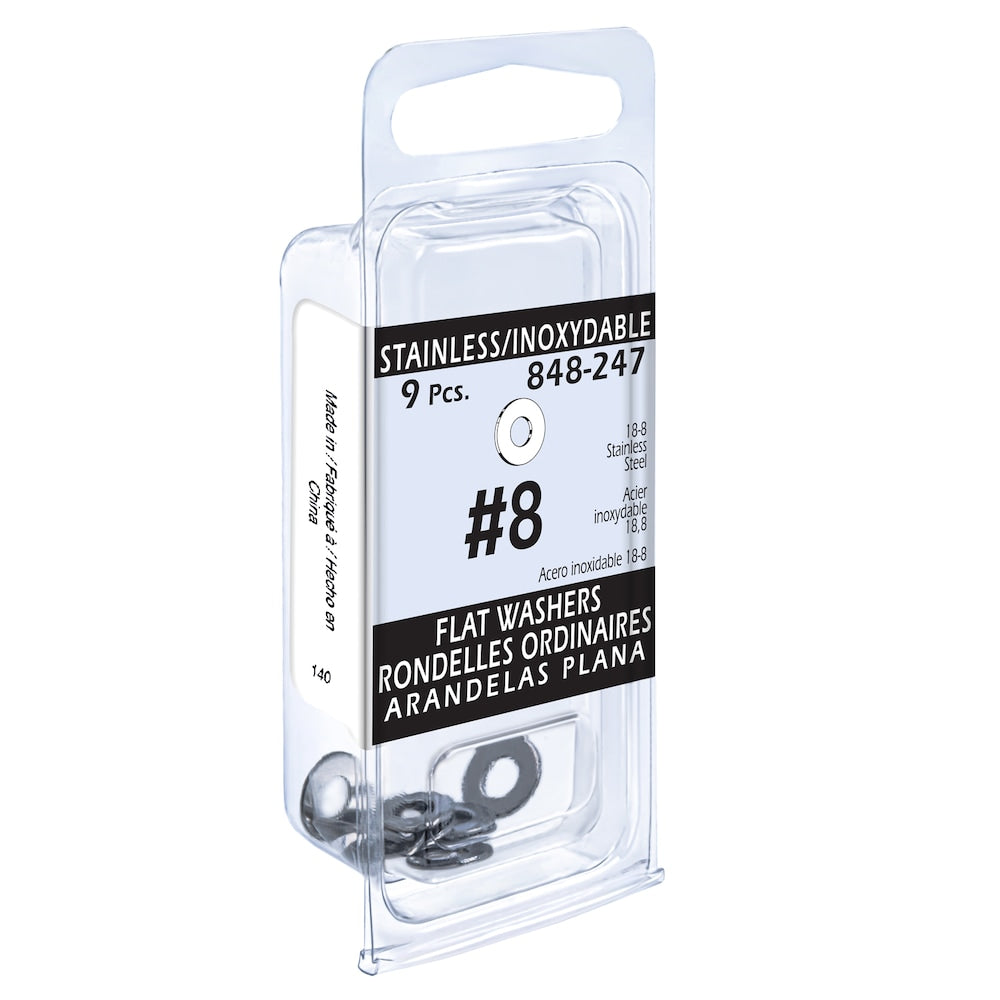 Rondelles plates Paulin no 8 en acier inoxydable 18-8, paquet de 9
