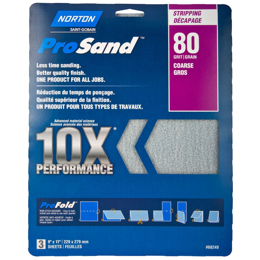 Feuilles de papier abrasif Norton ProSand 10X, 9 x 11 po (229 x 279 mm), grain 80, paquet de 3
