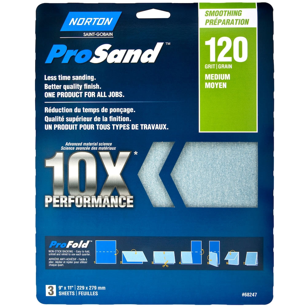 Feuilles de papier abrasif Norton ProSand 10X 9 x 11 po, grain 120 (moyen), paquet de 3