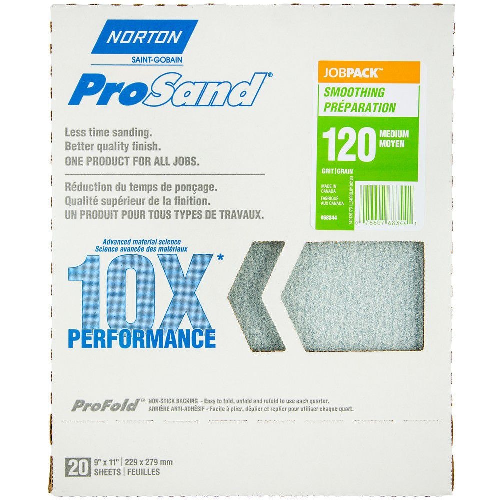 Feuilles de papier abrasif Norton ProSand 10X 9 x 11 po, grain 120 (moyen), paquet de 20
