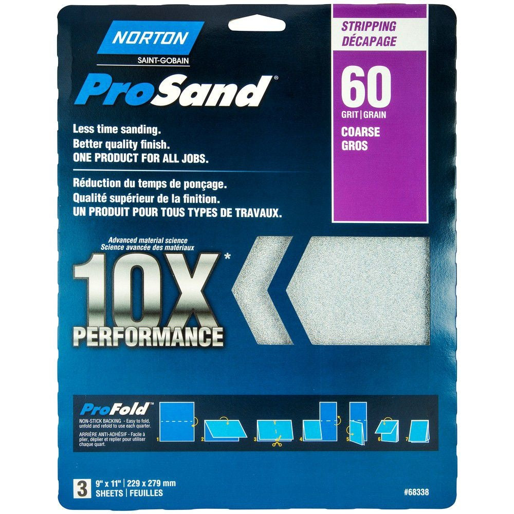 Feuilles de papier abrasif Norton ProSand 10X, 9 x 11 po (229 x 279 mm), grain 60, paquet de 3