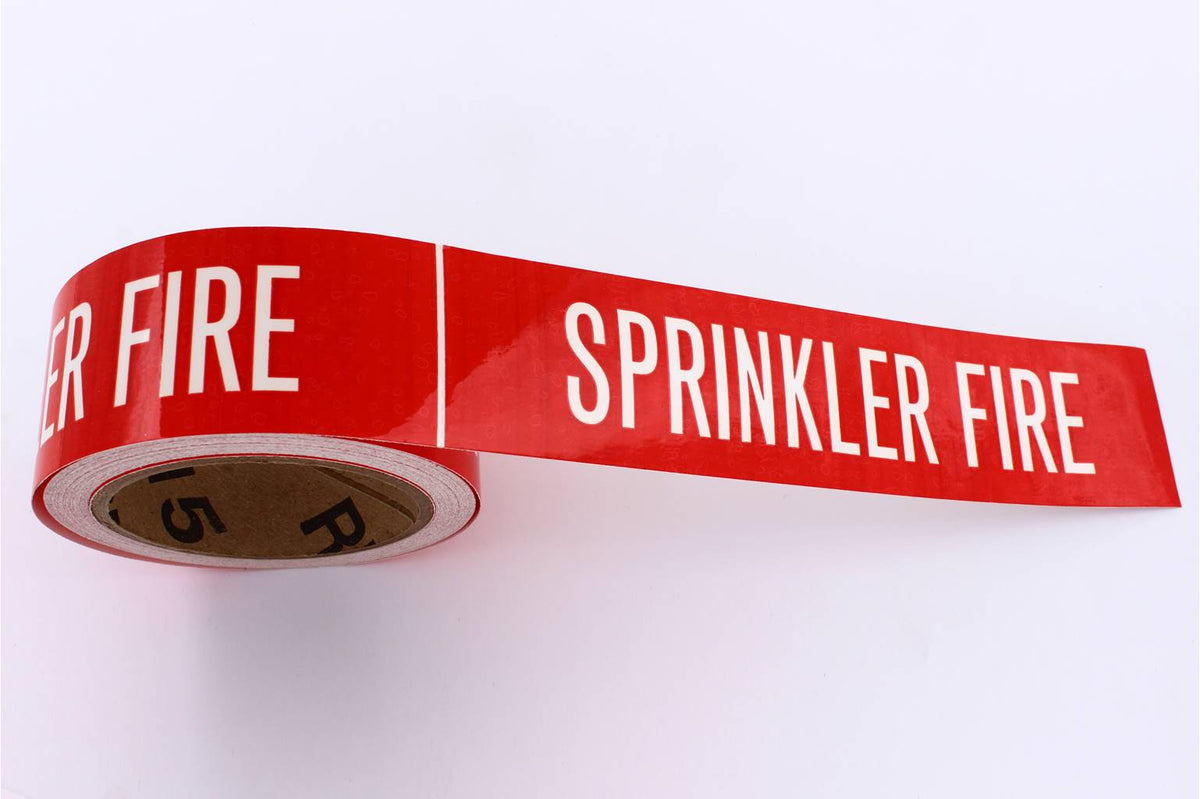 Ruban de marquage de tuyauterie autocollant, inscription SPRINKLER FIRE (incendie par gicleurs), 2 po x 54 pi, 1 rouleau
