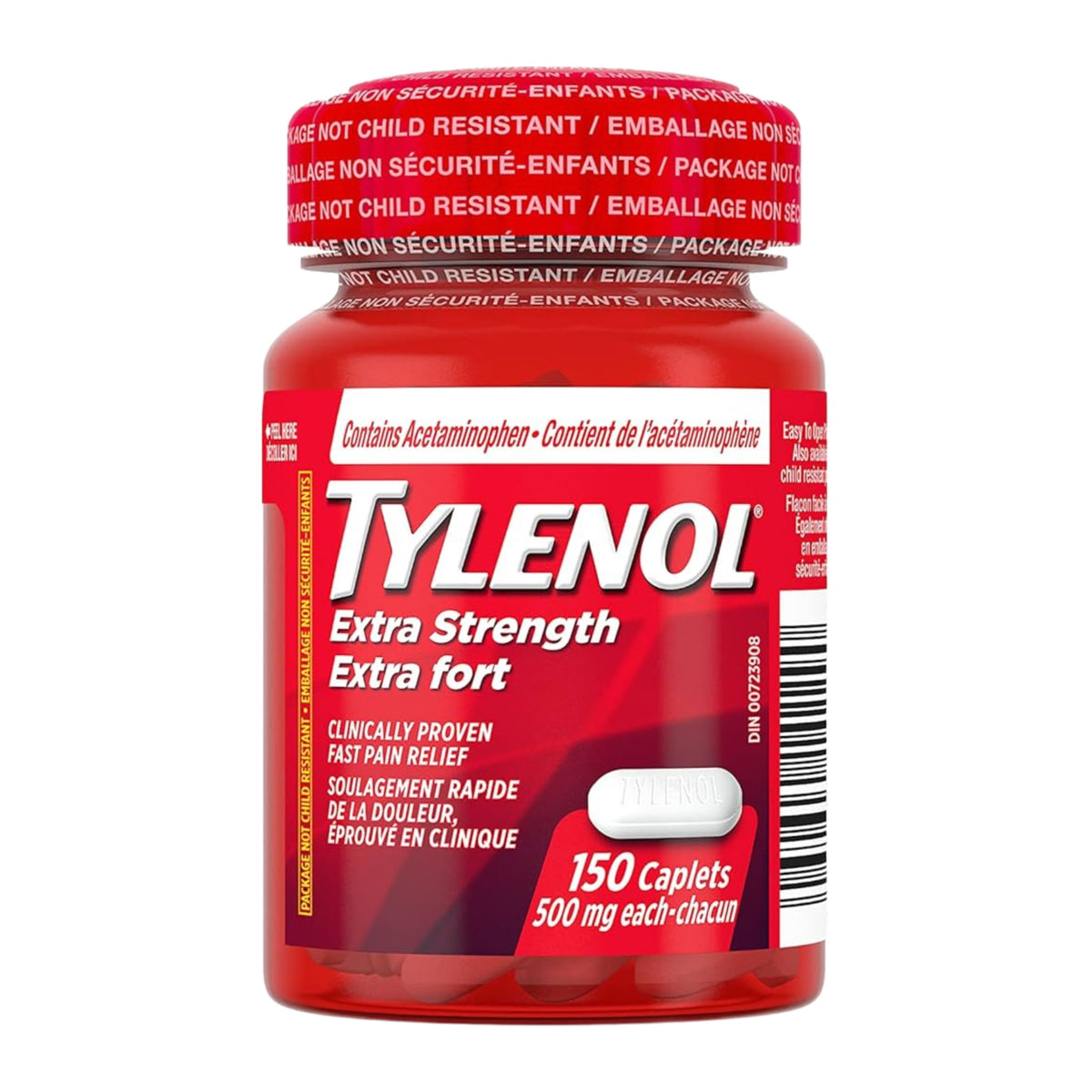 Flacon de Tylenol Extra fort 500 mg 150 comprimés sur fond blanc